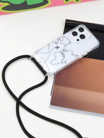 Apple Transparent Anti-Fall Stylish Airplane & Map Print Detachable Lanyard Phone Case