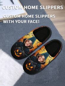 1 Pair Halloween Photo Custom Home Slippers, Personalized Photo Home Slippers, Custom Thick Sole Home Slippers, Personalized Home Slippers, Photo Home Slippers, Personalized Home Slippers For Women And Men, Personalized Home Slippers, Halloween Gift, Funny Gift