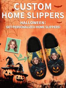 1 Pair Halloween Photo Custom Home Slippers, Personalized Photo Home Slippers, Custom Thick Sole Home Slippers, Personalized Home Slippers, Photo Home Slippers, Personalized Home Slippers For Women And Men, Personalized Home Slippers, Halloween Gift, Funny Gift