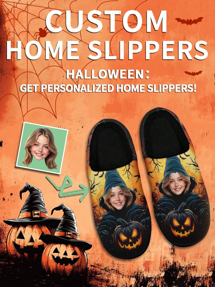 1 Pair Halloween Photo Custom Home Slippers, Personalized Photo Home Slippers, Custom Thick Sole Home Slippers, Personalized Home Slippers, Photo Home Slippers, Personalized Home Slippers For Women And Men, Personalized Home Slippers, Halloween Gift, Funny Gift
