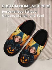 1 Pair Halloween Photo Custom Home Slippers, Personalized Photo Home Slippers, Custom Thick Sole Home Slippers, Personalized Home Slippers, Photo Home Slippers, Personalized Home Slippers For Women And Men, Personalized Home Slippers, Halloween Gift, Funny Gift