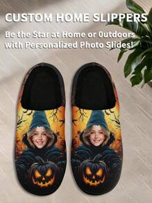 1 Pair Halloween Photo Custom Home Slippers, Personalized Photo Home Slippers, Custom Thick Sole Home Slippers, Personalized Home Slippers, Photo Home Slippers, Personalized Home Slippers For Women And Men, Personalized Home Slippers, Halloween Gift, Funny Gift
