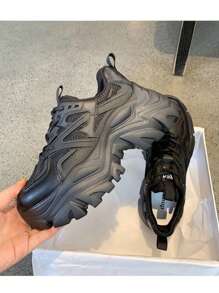 Tenis Chunky De Plataforma Para Mujer, Sneakers Urbanos Versátiles Con Agujetas, Calzado Deportivo Cómodo Y Transpirable Con Aumento De Altura - Negro - Ver 8