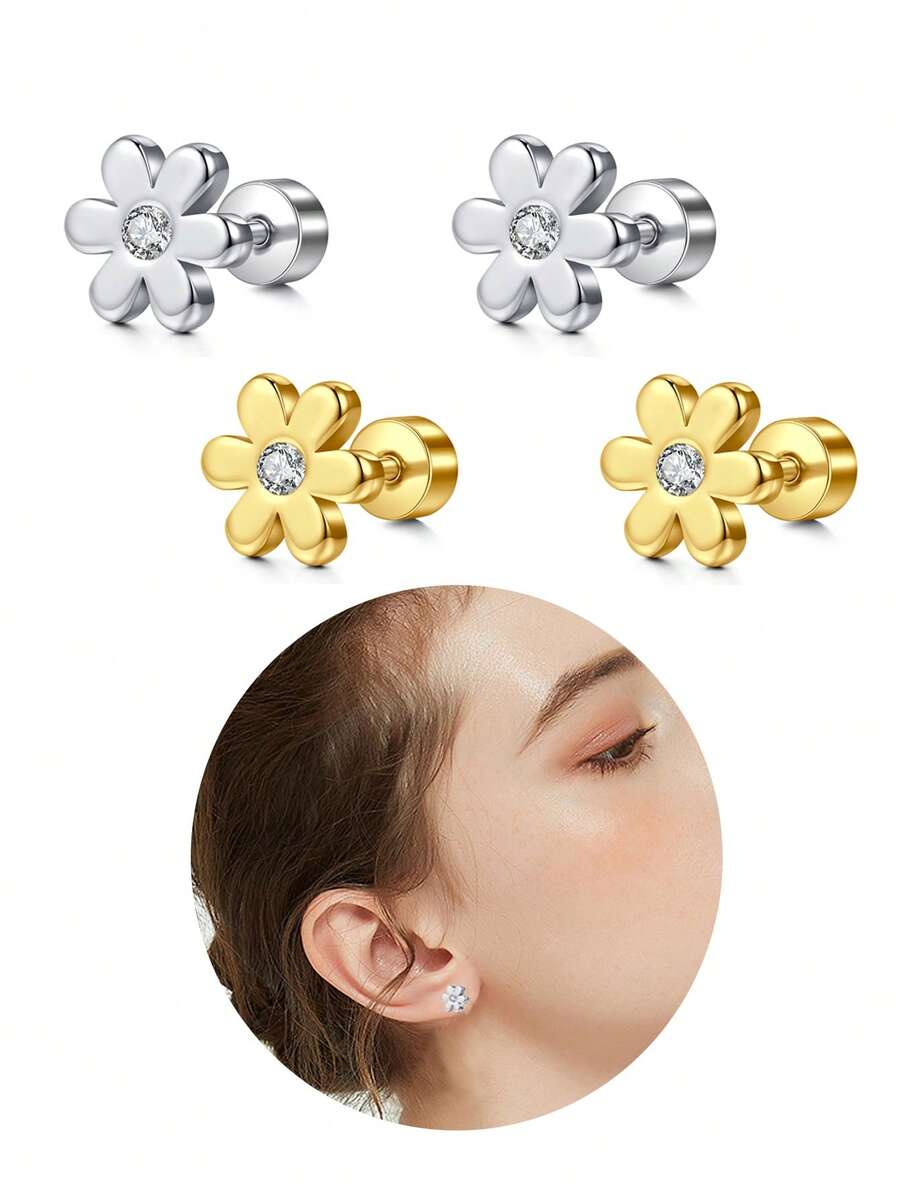AVYRING 2-3 件不锈钢软骨耳环，可爱花朵 CZ 耳钉迷你杠铃，适用于耳屏、耳轮、海螺、耳轮穿孔，小巧精致耳环 - 彩色 - 查看 1