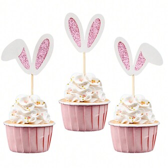 12pcs Bunny Ear Cupcake Toppers, Glitter Rabbit Ears Cupcake Picks, Easter Day Cake Toppers For Birthday Party Supplies,Christmas