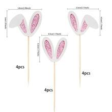 12 件兔耳朵纸杯蛋糕装饰物、闪光兔耳朵纸杯蛋糕签、复活节蛋糕装饰物，适用于生日派对用品、圣诞节 - 彩色 - 查看 2