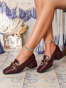 Women's High Heel Loafers, Fashion Square Toe, Black Casual Chunky Heel Retro Chain Mule Shoes - Brown - View 1