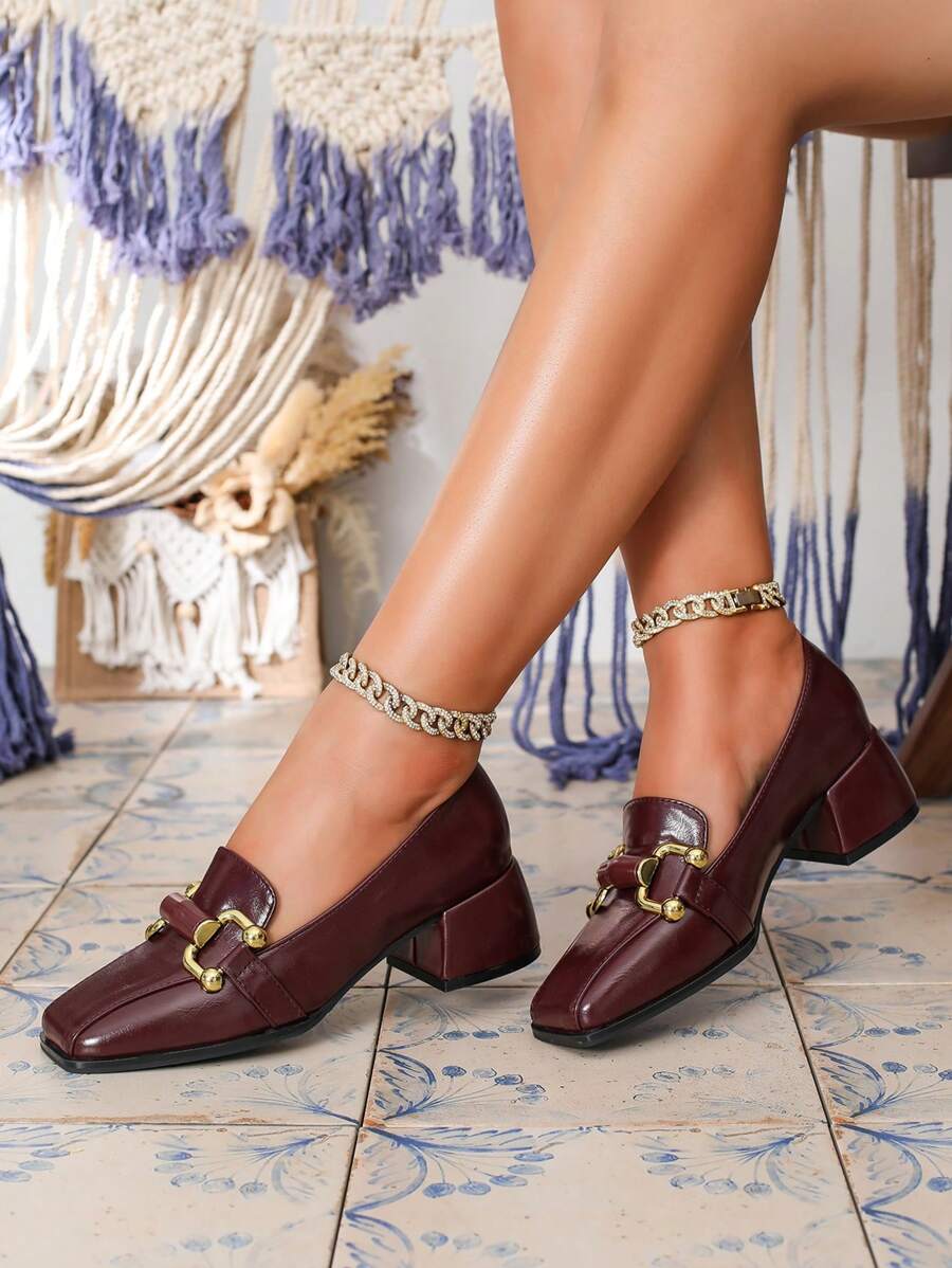 Women's High Heel Loafers, Fashion Square Toe, Black Casual Chunky Heel Retro Chain Mule Shoes - Brown - View 1