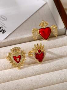 1pc Fashionable Creative Elegant Design Copper Inlaid Synthetic Asymmetric Teardrop Heart Ring, Suitable For Women, Sisters, Couples As Jewelry Gift, Also Suitable For Valentine's Day, Daily Gathering, Date, Party, Banquet, Wedding, Holiday, Summer Beach Vacation And Other Occasions, Red Accessory - Ring - View 6