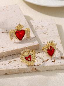 1pc Fashionable Creative Elegant Design Copper Inlaid Synthetic Asymmetric Teardrop Heart Ring, Suitable For Women, Sisters, Couples As Jewelry Gift, Also Suitable For Valentine's Day, Daily Gathering, Date, Party, Banquet, Wedding, Holiday, Summer Beach Vacation And Other Occasions, Red Accessory - Ring - View 3