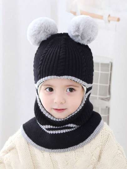 Children's Autumn Winter Windproof Ear Ion Knitted Solid Color Warm Neck Gaiter & Beanie Hat For Boys & Girls