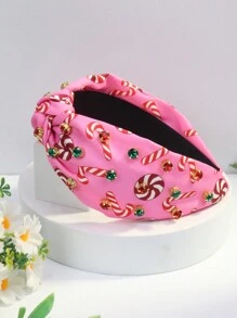 1 pieza Diadema con adorno de strass y estampado navideño de poliéster para mujer, accesorios navideños