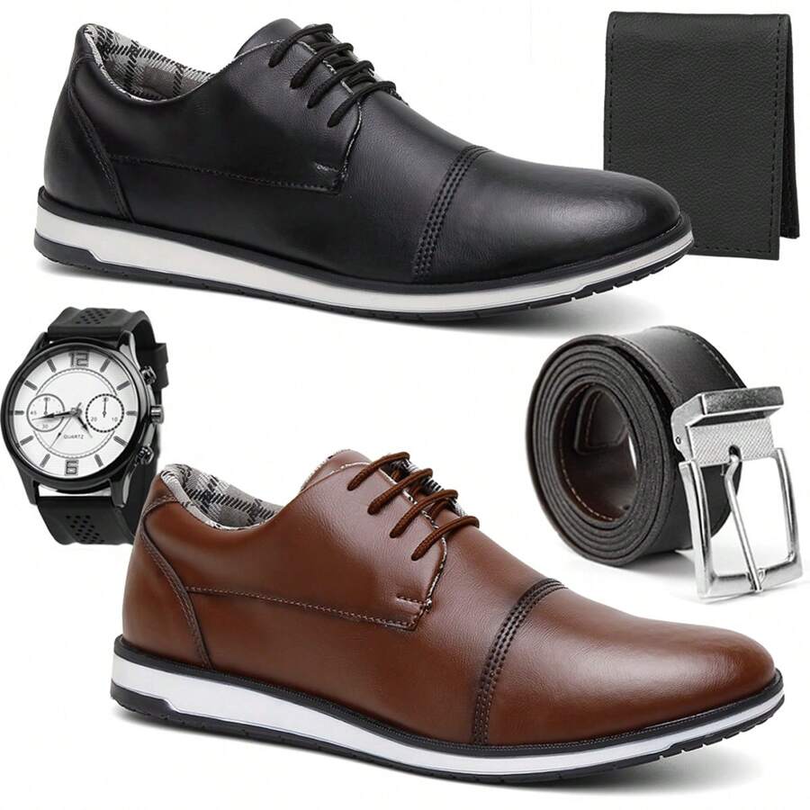 Men's Comfortable Work Shoes Modern Formal Synthetic Leather 2 Pairs Kit Wallet Belt And Watch - Rỉ Nâu - Xem 1