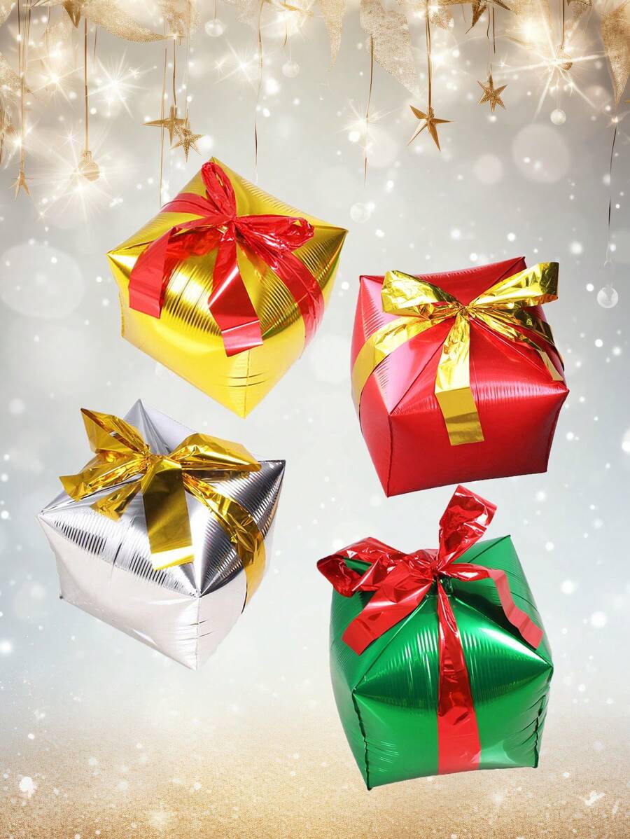 1Set 24inch 4D Cube Christmas Ribbon Gift Box Balloons Christmas Balloon New Year 2025 Christmas Decorations Party Decorate Christmas 2025, Christmas - Multicolor - View 1