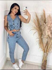 Women's Cropped Vest Top Jeans Fashion Blogger 100% Cotton - Dusty Blue - View 4