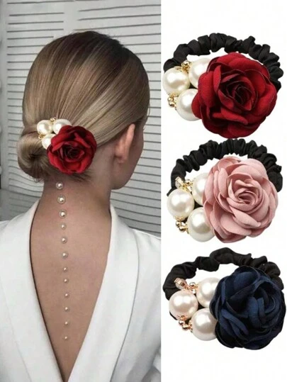 topshiny 3 piezas Scrunchies para el cabello con diseño de flor de rosa y perla falsa, lazos de cabello elásticos y elegantes de estilo coreano para mujeres, accesorios para el cabello para fiesta/evento bohemio, Día de San Valentín