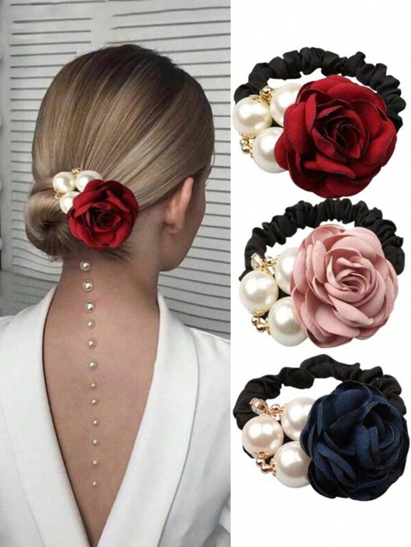 topshiny 3pcs Rose Flower & Faux Pearl Design Hair Scrunchies, Korean Elegant Stretchy Hair Ties For Women & Women, Boho Party/Event Valentine's Day Valentines Scrunchy Hair Ties