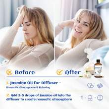 HIQILI HIQILI Olejek eteryczny z jaśminu, 100 ml/3,38 fl.oz. Naturalny olejek do nawilżacza i dyfuzora do aromaterapii do pielęgnacji skóry i włosów, Body SPA, bogaty kwiatowy zapach do aromaterapii, wyrobu mydła i świec