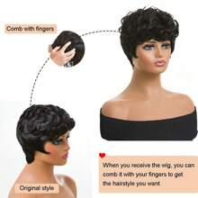 Short Pixie Wigs  Short Black Curly Pixie Wigs Synthetic Hair Wigs  Natural Wavy Black Pixie Cut Wig Short Curly Layered Pixie Wig (Natural Black) - 黑色 - 查看 4