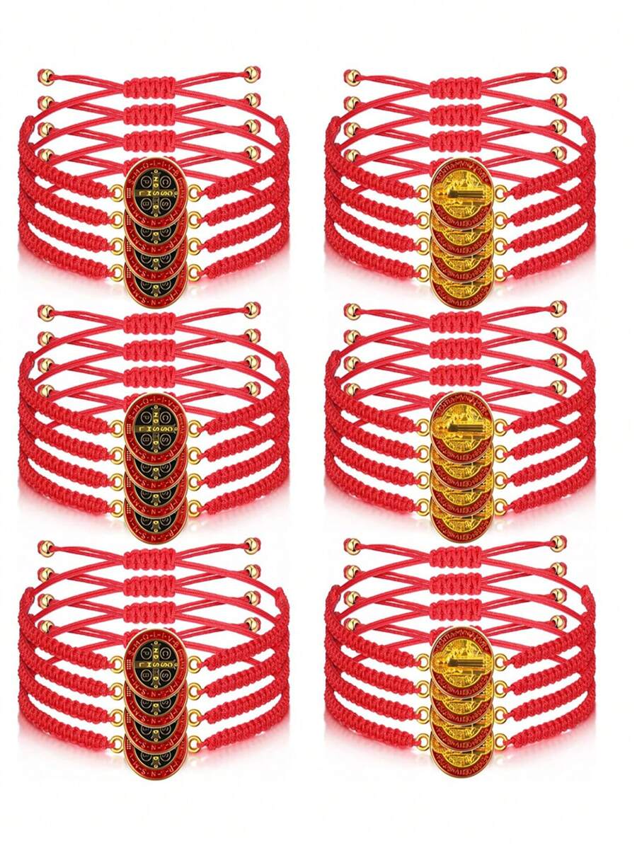 24 Stücke San Benito Armband, handgemachtes rotes schwarzes Knoten Armband, verstellbares Medaillon Armband, Glück geflochtenes Armband, Benediktinische Gelassenheit Segen Freundschaft Armband Geschenk für Mütter Frauen Männer