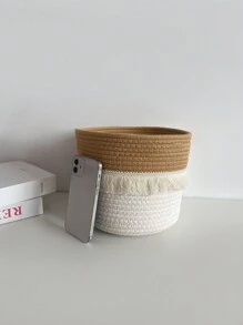 1pc/2pcs Woven Tassel Storage Basket, Desktop Decor Storage Basket, Woven Storage Box, Sundries Storage Basket, Suitable For Children's Toys, Cosmetics, Bedroom, Bathroom - Multicolor - View 3