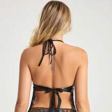 1pc Halloween Spaghetti Strap Sequin Fringe Crop Top Belly Dance Latin Dance Competition Costume - Multicolor - View 5