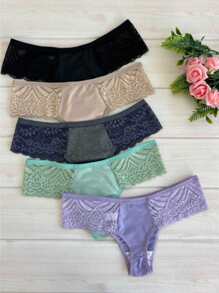 Kit 5 Microfiber Lace Thong Panties Panty Kit - 彩色 - 查看 1