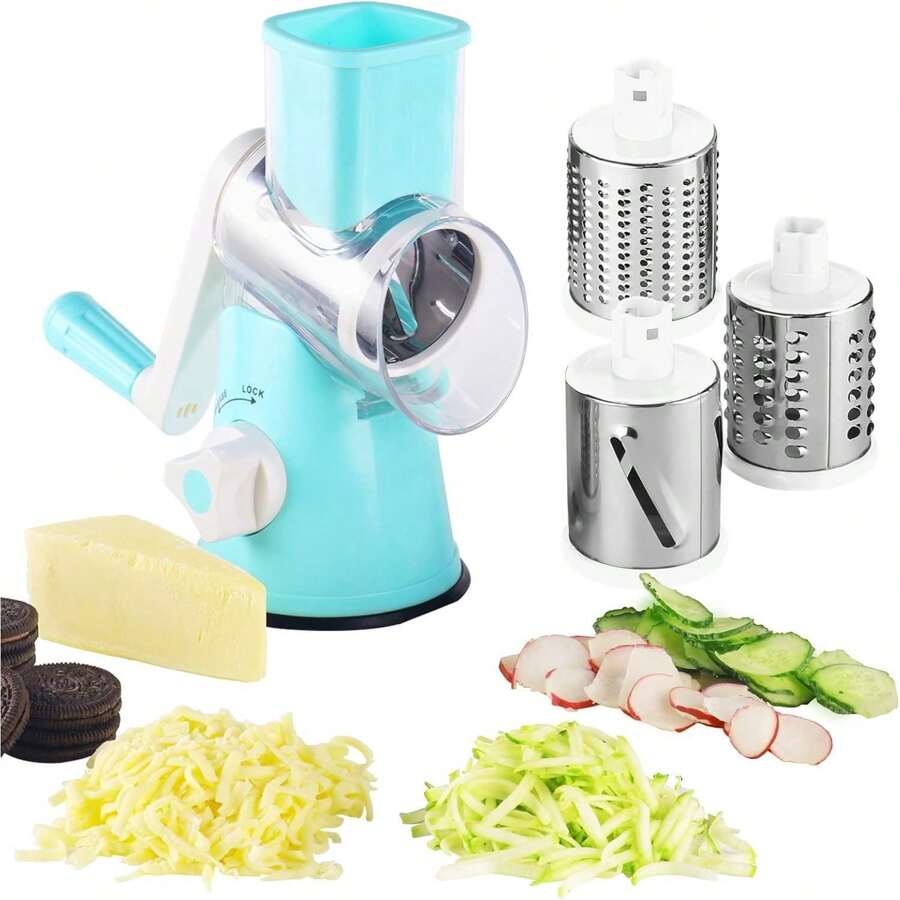 Rotary Cheese Grater - 3-In-1 Stainless Steel Manual Drum Slicer, Rotary Graters For Kitchen, Food Shredder For Vegatables, Nuts And Chocolate - Blue - View 1