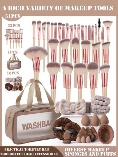 51pcs/44pcs/39pcs/18pcs/1pc Makeup Brush Set Including 32pcs Makeup Brushes (Foundation Brush, Contour Brush, Concealer Brush, Eye Shadow Brush, Mascara Wand, Eyebrow Brush), 3pcs Makeup Sponges, 3pcs Triangle Makeup Sponges For Liquid Makeup, 3pcs Soft Triangle Powder Puff For Loose Powder, 3pcs Finger Makeup Puff For Concealer, 3pcs Mini Makeup Sponges, 1pc Makeup Brush Cleaning Bowl, 1pc Makeup Headband, 2pcs Wrist Strap For Makeup Removal, 1pc Waterproof Cosmetic Bag