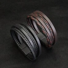 经典多层皮革手链，男士不锈钢多层虎眼石珠皮革手链，时尚配饰 - 黑色 - 查看 1