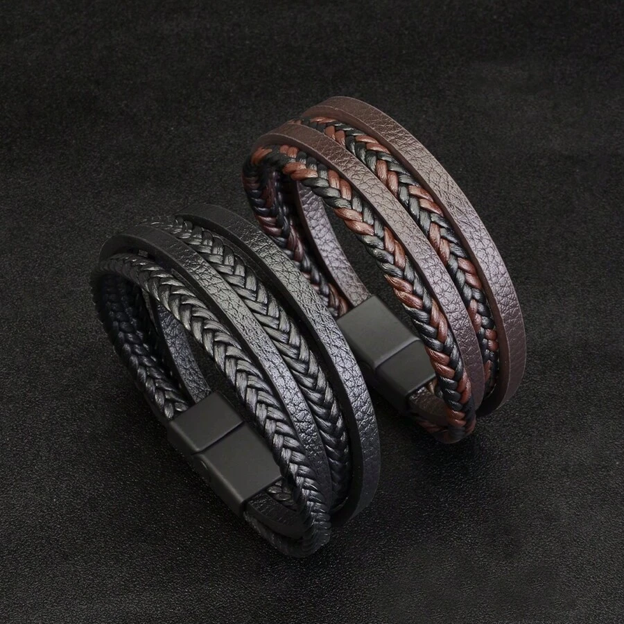 经典多层皮革手链，男士不锈钢多层虎眼石珠皮革手链，时尚配饰 - 黑色 - 查看 1