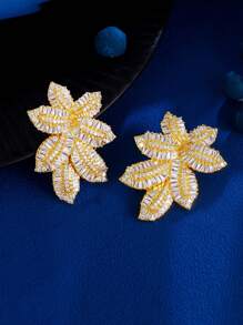 1 对顶级闪亮方晶锆石铺镶奢华长款大叶形婚礼派对新娘耳环女士个性大号珠宝配饰 - Leaf Shape - 查看 5