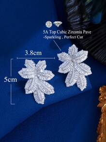 1 对顶级闪亮方晶锆石铺镶奢华长款大叶形婚礼派对新娘耳环女士个性大号珠宝配饰 - Leaf Shape - 查看 3