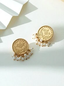 Herseygold 1 对镀金土耳其硬币珍珠耳环，中东阿拉伯图腾穆斯林新娘奢华礼物 - 金色 - 查看 4