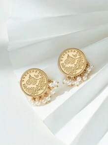 Herseygold 1 对镀金土耳其硬币珍珠耳环，中东阿拉伯图腾穆斯林新娘奢华礼物 - 金色 - 查看 2