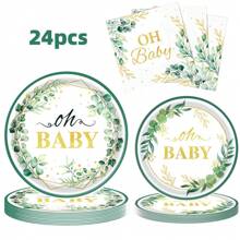 24pcs Oh Baby Paper Plates Napkins Supplies Set, Sage Greenery Baby Shower Party Supplies, Cake Dessert Plates, Eucalyptus Disposable Tableware Decorations Party Platters, Dish Tray For Boys Girls Birthday, 24 Guests, Christmas Party Christmas Decor Christmas Decorations Christmas Gifts And Decor Decorations S