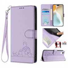 ZZXX Wallet Kitten Embossing With Card Slot RFID Blocking Kickstand Hand Strap Magnetism Flip High-Quality Artificial Leather Case Compatible With IPhone Compatible With Samsung Galaxy Compatible With Google Pixel 9 Pro XL 9a 8a 7a 6a Compatible With Xiaomi Redmi Note 14 Pro+ 13 12S 11 10 9 Pro 14C 13C 13 12C 10C A3 Poco F7 Ultra X7 F6 X6 M6 Pro C65 14T