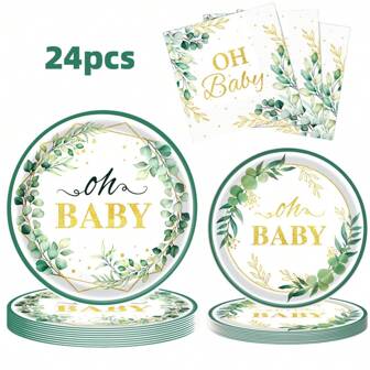 24pcs Oh Baby Paper Plates Napkins Supplies Set, Sage Greenery Baby Shower Party Supplies, Cake Dessert Plates, Eucalyptus Disposable Tableware Decorations Party Platters, Dish Tray For Boys Girls Birthday, 24 Guests, Christmas Party Christmas Decor Christmas Decorations Christmas Gifts And Decor Decorations S