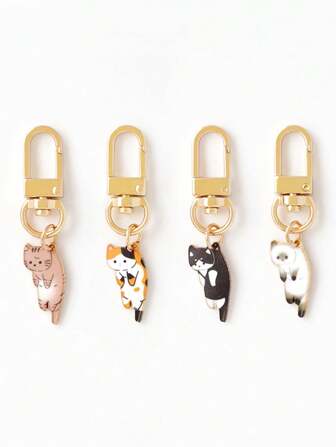4pcs Cute Cartoon Cat Design Pendant Fashionable Keychain Key Ring Key Chain Halloween