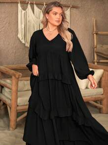 Plus Size Women Solid Color V-Neck Lantern Sleeve Ruffle Hem Casual Dress Black Spring Elegant - Black - View 3