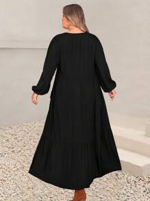 Plus Size Women Solid Color V-Neck Lantern Sleeve Ruffle Hem Casual Dress Black Spring Elegant - Black - View 6