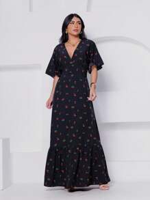 Long Dress Short Sleeve Fitted V-Neck Cherry Print - 黑色 - 查看 3