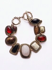 1 pieza Nuevo brazalete bohemio vintage ZA para mujer, de moda, de metal dorado hueco, con enlace de  de resina, brazalete declaración (color de resina aleatorio)