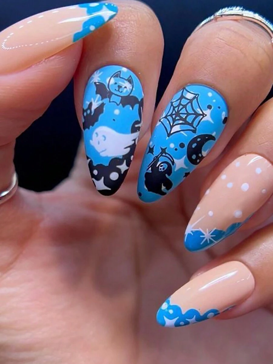 24 件杏仁指甲，创意万圣节幽灵蝙蝠星空蜘蛛网假指甲，可拆卸全覆盖假指甲贴纸。 - 彩色 - 查看 1