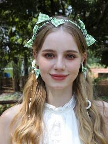 1pc Green Plaid Bow Headband, Elegant Women Hair Accessories, Bridal Wedding Headpiece