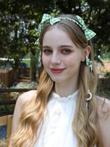 1pc Green Plaid Bow Headband, Elegant Women Hair Accessories, Bridal Wedding Headpiece