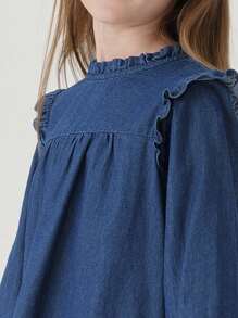 MARC&JANIE 年轻女孩甜美荷叶边领长袖牛仔衬衫，秋季