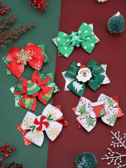 1件欧美风格青少年圣诞蝴蝶结发夹，带闪亮雪花和亮片装饰