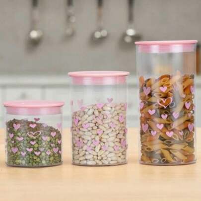 Potes Para Mantimento Com Tampa Hermético Plástico Estampa de Coração 3 tamanhos