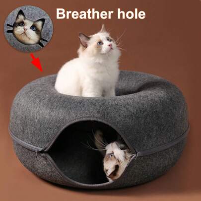 1pc 4-Season Pet Felt Cat Tunnel Cat Bed, High-End Material With Zipper Design, Removable & Washable Cat Bed & Play Donut Cat Bed, Suitable For Medium & Small Cats